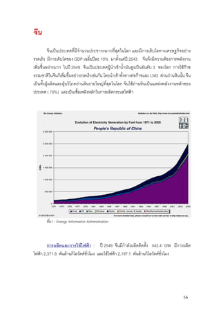 จีน
          จีนเปนประเทศที่มีจํานวนประชากรมากที่สุดในโลก และมีการเติบโตทางเศรษฐกิจอยาง
รวดเร็ว มีการเติบโตของ GDP เฉลี่ยปละ 10% มาตั้งแตป 2543 จีนจึงมีความตองการพลังงาน
เพิ่มขึ้นอยางมาก ในป 2549 จีนเปนประเทศผูนําเขาน้ํามันสูงเปนอันดับ 3 ของโลก การใชกาซ
ธรรมชาติในจีนก็เพิ่มขึ้นอยางรวดเร็วเชนกัน โดยนําเขาทั้งทางทอกาซและ LNG สวนถานหินนั้น จีน
เปนทั้งผูผลิตและผูบริโภคถานหินรายใหญที่สุดในโลก จีนใชถานหินเปนแหลงพลังงานหลักของ
ประเทศ ( 70%) และเปนเชื้อเพลิงหลักในการผลิตกระแสไฟฟา




        ที่มา : Energy Information Administration



        การผลิตและการใชไฟฟา : ป 2548 จีนมีกําลังผลิตติดตั้ง 442.4 GW มีการผลิต
ไฟฟา 2,371.8 พันลานกิโลวัตตชั่วโมง และใชไฟฟา 2,197.1 พันลานกิโลวัตตชั่วโมง




                                                                                          16
 