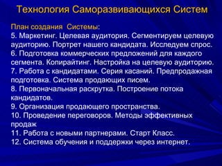 Технология Саморазвивающихся Систем План создания  Системы : 5. Маркетинг. Целевая аудитория. Сегментируем целевую аудиторию. Портрет нашего кандидата. Исследуем спрос. 6. Подготовка коммерческих предложений для каждого сегмента. Копирайтинг. Настройка на целевую аудиторию. 7. Работа с кандидатами. Серия касаний. Предпродажная подготовка. Система продающих писем. 8. Первоначальная раскрутка. Построение потока кандидатов. 9. Организация продающего пространства. 10. Проведение переговоров. Методы эффективных продаж 11. Работа с новыми партнерами. Старт Класс. 12. Система обучения и поддержки через интернет. 