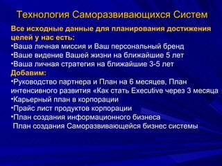 Технология Саморазвивающихся Систем Все исходные данные для планирования достижения целей у нас есть: Ваша личная миссия и Ваш персональный бренд Ваше видение Вашей жизни на ближайшие 5 лет Ваша личная стратегия на ближайшие 3-5 лет Добавим:   Руководство партнера и План на 6 месяцев, План интенсивного развития «Как стать Executive через 3 месяца Карьерный план в корпорации Прайс лист продуктов корпорации План создания информационного бизнеса   План создания Саморазвивающейся бизнес системы 