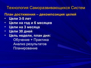 Технология Саморазвивающихся Систем План достижения – декомпозиция целей Цели 3-5 лет Цели на год и 6 месяцев Цели на 3 месяца Цели 30 дней Цель недели, план дня: Обучение + Практика Анализ результатов  Планирование 