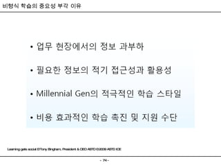 비형식 학습의 중요성 부각 이유 Learning gets social – Tony Bingham, President & CEO ASTD – 2009 ASTD ICE 