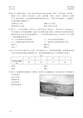 第 11 頁 105年學測
共 15 頁 社會考科
- 11 -
50.跨 太 平 洋 夥 伴 協 定 （ The Trans-Pacific Partnership, TPP） 共 有 美 國 、 新 加 坡 、
韓 國 、 日 本 、 越 南 、 馬 來 西 亞 、 汶 萊 、 紐 西 蘭 、 澳 洲 、 加 拿 大 、 墨 西 哥 、 祕 魯
等 12 個 成 員 國 ， 目 前 臺 灣 正 積 極 準 備 爭 取 加 入 。 TPP 的 成 員 國 中 ， 以 哪 個 文
化 區 的 國 家 為 數 最 多 ？
(A)南 亞 文 化 區 (B)西 方 文 化 區
(C)東 南 亞 文 化 區 (D)大 洋 洲 文 化 區
51.西 元 八、 九 世 紀 開 始，阿 拉 伯 人 在 東 非 肯 亞（ Kenya）、坦 尚 尼 亞（ Tanzania）
等 沿 海 建 立 許 多 販 奴 據 點，透 過 不 同 季 節 的 盛 行 風 向，將 買 來 的 奴 隸 利 用 帆 船
運 到 阿 拉 伯 半 島 和 南 亞 諸 國 販 售 。「 不 同 季 節 的 盛 行 風 向 」的 成 因 ， 和 下 列 哪
二 項 因 素 關 係 最 密 切 ？
甲 、 行 星 風 帶 的 季 節 移 動 ； 乙 、 洋 流 系 統 的 季 節 變 化 ；
丙 、 大 範 圍 海 陸 性 質 的 差 異 ； 丁 、 聖 嬰 和 反 聖 嬰 現 象 的 交 替 。
(A)甲 乙 (B)甲 丙
(C)乙 丁 (D)丙 丁
52.表 3 為 2014 年 臺 北 市 中 正 區 、 彰 化 縣 彰 化 市 、 雲 林 縣 四 湖 鄉 、 南 投 縣 埔 里 鎮
4 個 行 政 區 便 利 商 店 的 數 量 分 布 。 南 投 縣 埔 里 鎮 為 表 3 中 的 哪 個 行 政 區 ？
表 3
甲 乙 丙 丁
便利商店總數
（家）
82 135 2 46
(A)甲 (B)乙
(C)丙 (D)丁
53.照 片 1 是 臺 灣 某 座 橋 樑 上 的 標 誌。該 照 片 的 拍 攝 地 點，最 可 能 位 於 下 列 哪 條 河
川 的 流 域 ？
(A)大 甲 溪
(B)濁 水 溪
(C)高 屏 溪
(D)秀 姑 巒 溪
菲律賓海板塊
Philippine Sea Plate
歐亞板塊
Eurasian Plate
照片 1
 