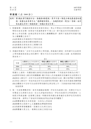 第 1 頁 105年學測
共 15 頁 社會考科
- 1 -
單 選 題 （ 占 1 4 4 分 ）
說明：第1題至第72題皆計分。每題有4個選項，其中只有一個是正確或最適當的選
項，請畫記在答案卡之「選擇題答案區」。各題答對者，得2分；答錯、未作
答或畫記多於一個選項者，該題以零分計算。
1. 根 據 報 導，某 國 政 府 教 育 部 近 來 發 布 規 定，禁 止 中 學 成 立 同 性 戀 社 團，並 透 過
學 校 向 家 長 宣 導，如 果 家 中 孩 童 熱 愛 穿 V 領 上 衣，便 可 能 具 有 同 性 情 慾 傾 向，
應 小 心 多 加 防 範。此 規 定 與 宣 布 受 到 人 權 團 體 批 評。請 問 下 述 批 評 何 者 最 可 能
為 人 權 團 體 之 訴 求 ？
(A)該 國 做 法 有 違 兩 性 平 等 的 原 則
(B)該 國 做 法 限 制 消 費 者 選 擇 自 由
(C)該 國 做 法 侵 犯 家 長 之 親 權 行 使
(D)該 國 做 法 違 反 學 生 之 結 社 自 由
2. 某 國 針 對 婦 女「 沒 有 可 自 由 使 用 之 零 用 錢 」現 象 進 行 調 查，而 所 謂 可 自 由 使 用
之 零 用 錢 意 指 家 庭 必 須 花 費 外，婦 女 可 自 行 決 定 如 何 支 配 之 金 錢。此 項 調 查 結
果 如 表 1：
表 1
年度
全體婦女人口中沒有可
自由使用零用錢之比例
有收入婦女中沒有可
自由使用零用錢之比例
無收入婦女中沒有可
自由使用零用錢之比例
2006 37% 36% 54%
2010 44% 37% 55%
根 據 以 上 資 料 ， 有 關 該 國 社 會 現 況 的 描 述 與 解 釋 ， 下 列 敘 述 何 者 較 為 合 理 ？
(A)對 照 有 無 收 入 婦 女 的 相 關 數 據，顯 示 有 收 入 仍 未 能 確 保 女 性 擁 有 完 全 經 濟 自 主
(B)無 收 入 婦 女 中，沒 有 可 自 由 使 用 零 用 錢 的 比 例 高 於 五 成，顯 示 他 們 較 不 善 理 財
(C)有 收 入 婦 女 中，有 近 四 成 沒 有 可 自 由 使 用 的 零 用 錢，顯 示 女 性 有 過 度 消 費 問 題
(D)全 體 婦 女 中 沒 有 可 自 由 使 用 零 用 錢 的 比 例 呈 現 上 升 ， 乃 因 愈 來 愈 多 婦 女 掌 管
家 庭 經 濟
3. 第 一 次 波 斯 灣 戰 爭 時，曾 有 美 國 雜 誌 報 導：伊 拉 克 為 貧 瘠 之 地，其 歷 史 中 也 少
有 豐 富 文 化 與 偉 大 信 念。但 文 化 評 論 者 卻 指 出，伊 拉 克 是 兩 河 文 明 發 源 地，土
地 肥 沃 物 產 富 饒，此 報 導 之 描 述，明 顯 表 現 美 國 社 會 普 遍 存 在 對 伊 拉 克 的 既 有
刻 板 印 象 。 請 問 以 下 敘 述 何 者 最 能 說 明 此 評 論 者 的 觀 點 ？
(A)媒 體 報 導 往 往 未 經 查 證 ， 向 來 為 人 所 詬 病
(B)媒 體 常 以 我 族 中 心 主 義 觀 點 詮 釋 國 際 事 務
(C)美 國 軍 事 強 權 擴 張 ， 阻 礙 各 文 化 相 互 涵 化
(D)媒 體 屬 大 眾 文 化 ， 報 導 往 往 缺 乏 深 度 內 涵
 