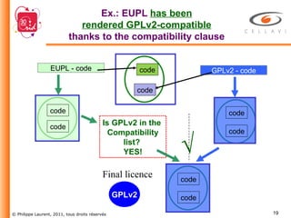 Ex.: EUPL  has been rendered GPLv2-compatible thanks to the compatibility clause EUPL - code GPLv2 - code Final licence GPLv2 code code code code code code Is GPLv2 in the  Compatibility list?  YES! code code √ 