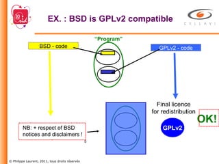EX. : BSD is GPLv2 compatible BSD - code GPLv2 - code GPLv2 NB: + respect of BSD notices and disclaimers ! OK! “ Program” Final licence for redistribution 