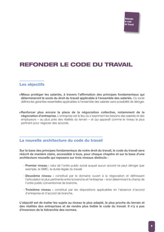 REFONDER LE CODE DU TRAVAIL
Les objectifs
w Mieux protéger les salariés, à travers l’affirmation des principes fondamentaux qui
détermineront le socle du droit du travail applicable à l’ensemble des salariés. Ce socle
définira les garanties essentielles applicables à l’ensemble des salariés sans possibilité de déroger.
w Renforcer plus encore la place de la négociation collective, notamment de la
négociation d’entreprise. L’entreprise est le lieu où s’expriment les besoins des salariés et des
employeurs – au plus près des réalités du terrain – et qui apparaît comme le niveau le plus
pertinent pour négocier des accords.
La nouvelle architecture du code du travail
Sur la base des principes fondamentaux de notre droit du travail, le code du travail sera
réécrit de manière claire, accessible à tous, pour chaque chapitre et sur la base d’une
architecture nouvelle qui reposera sur trois niveaux distincts :
- Premier niveau : celui de l’ordre public social auquel aucun accord ne peut déroger (par
exemple, le SMIC, la durée légale du travail)
- Deuxième niveau : constitué par le domaine ouvert à la négociation et définissant
l’articulation la plus pertinente entre la branche et l’entreprise – la loi déterminant le champ de
l’ordre public conventionnel de branche.
- Troisième niveau : constitué par les dispositions applicables en l’absence d’accord
d’entreprise et d’accord de branche.
L’objectif est de traiter les sujets au niveau le plus adapté, le plus proche du terrain et
des réalités des entreprises et de rendre plus lisible le code du travail. Il n’y a pas
d’inversion de la hiérarchie des normes.
9
Refonder
le code
du Travail
 