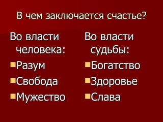 В чем заключается счастье? Во власти человека: Разум Свобода Мужество Во власти судьбы: Богатство Здоровье Слава 
