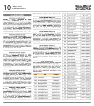 10                  terça-feira
                    4 de dezembro de 2012
                                                                                                                                                                             Diário Oficial
                                                                                                                                                                              GUARUJÁ
                                                                    Meles; Coordenadora III - Gestão de Pessoas – Pront. nº 11.507.       11.033   Antonia Vanderli Cunha Lira           Processo nº 33139/2012
                administração                                                                                                             12.437   Aristea Generoza Pinto                    Requerimento
                                                                                                                                          16.035   Aurelice Lusia Gama                   Processo nº 33121/2012
              EXTRATO DE TERMO DE RESCISÃO                                        EXTRATO DE TERMO DE RESCISÃO
                                                                    Rescisão: n.º 2074/2012; Contrato: n.º 279/2012; CONTRATAN-           6.035    Aurelice Lusia Gama                   Processo nº 33033/2012
Rescisão: n.º 2243/2012; Compromisso de Estágio:
                                                                    TE: Município de Guarujá; Contratado(a): SANDRA DIAS DOS              6.035    Aurelice Lusia Gama                   Processo nº 33034/2012
n.º 1140/2012; CONTRATANTE: Município de Guarujá;
                                                                    SANTOS; Objeto: Rescisão, do contrato temporário de presta-           6.035    Aurelice Lusia Gama                   Processo nº 33035/2012
Compromissário(a): ADRIANA TAVARES DOS SANTOS; Objeto:
                                                                    ção de serviços, retroagindo seus efeitos a partir de 11/09/2012,
Rescisão, a partir de 09/11/2012, do Termo de Compromisso de                                                                              19.103   Carla Rose da Silva Pessoa            Processo nº 29459/2012
                                                                    à pedido do(a) contratado(a); Processo Administrativo:n.º
Estágio, sem vínculo empregatício, firmado nos termos da Lei                                                                              16.741   Carolina de Moura Oliveira                Requerimento
                                                                    28290/184608/2012; Data de assinatura: 24 de setembro de
n.º 3.539, de 17 de dezembro de 2007 e Lei Federal n.º 11.788,                                                                            17.941   Cidmar Lopes de Oliveira              Processo nº 32420/2012
                                                                    2012, Guarujá, 01 de outubro de 2012; Kátia Cristina Cassiano
de 25 de setembro de 2008; Processo Administrativo: n.º
                                                                    Meles; Coordenadora III - Gestão de Pessoas – Pront. nº 11.507.       17.941   Cidmar Lopes de Oliveira                  Requerimento
34343/144968/2012; Data de assinatura: 29 de novembro de
                                                                                                                                          11.456   Cinira de Cassia Afeche               Processo nº 34126/2012
2012, Guarujá, 03 de dezembro de 2012; Kátia Cristina Cassiano
Meles; Coordenadora III - Gestão de Pessoas – Pront. nº 11.507.                                                                           3.946    Claudio do Valle                          Requerimento
                                                                                  EXTRATO DE TERMO DE RESCISÃO                            10.852   Claudio Monay                             Requerimento
                                                                    Rescisão: n.º 2229/2012; Contrato: n.º 2161/2012; CONTRA-
                                                                                                                                          6.849    Cleivone de Almeida Henrique          Processo nº 34113/2012
                                                                    TANTE: Município de Guarujá; Contratado(a): ROBSON MO-
               EXTRATO DE TERMO DE RESCISÃO                                                                                               6.899    Conceição Aparecida Antunes           Processo nº 34910/2012
                                                                    RAES DE OLIVEIRA; Objeto: Rescisão, do contrato temporário
Rescisão: n.º 2240/2012; Compromisso de Estágio: n.º 42/2012;
                                                                    de prestação de serviços, a partir de 13/11/2012; Processo            17.917   Cristiane Maria da Silva              Processo nº 33643/2012
CONTRATANTE: Município de Guarujá; Compromissário(a):
                                                                    Administrativo:n.º 33944/873/2012; Data de assinatura: 22             14.866   Daniela Fernanda de Carvalho          Processo nº 32209/2012
VINICIUS HENRIQUE MORALES DOS SANTOS; Objeto: Rescisão,
                                                                    de novembro de 2012, Guarujá, 03 de dezembro de 2012; Kátia           14.530   Danielle Vieira da Silva Andrade      Processo nº 33698/2012
a partir de 14/11/2012, do Termo de Compromisso de Estágio,
                                                                    Cristina Cassiano Meles; Coordenadora III - Gestão de Pessoas –
sem vínculo empregatício, firmado nos termos da Lei n.º 3.539,                                                                            8.986    Denise Lusirão Falcão                 Processo nº 33629/2012
                                                                    Pront. nº 11.507.
de 17 de dezembro de 2007 e Lei Federal n.º 11.788, de 25 de se-                                                                          16.011   Edilene Valeria Sampaio               Processo nº 33659/2012
tembro de 2008; Processo Administrativo: n.º 34319/942/2012;                                                                              18.013   Edmundo Waguer da Silva               Processo nº 32840/2012
Data de assinatura: 27 de novembro de 2012, Guarujá, 03 de
                                                                                  EXTRATO DE TERMO DE RESCISÃO                            15.931   Edna Santos Lopes de Souza            Processo nº 33700/2012
dezembro de 2012; Kátia Cristina Cassiano Meles; Coordenadora
                                                                    Rescisão: n.º 2241/2012; Termo de Adesão: n.º 235/2011; CON-          15.931   Edna Santos Lopes de Souza            Processo nº 34314/2012
III - Gestão de Pessoas – Pront. nº 11.507.
                                                                    TRATANTE: Município de Guarujá; Beneficiário (a): BIANCA DE           14.841   Elaine de Oliveira Gomes dos Santos   Processo nº 33252/2012
                                                                    CASSIA FERREIRA; Objeto: Rescisão a partir de 22/11/2012, do
                                                                                                                                          15.012   Eliane Aparecida Correa               Processo nº 33526/2012
                                                                    contrato de prestação de serviços do “Programa de Auxílio-De-
                                                                    semprego”, instituído pela Lei n.º 3.314; Processo Administrati-      15.969   Eliane Oliveira Santos                Processo nº 32773/2012
               EXTRATO DE TERMO DE RESCISÃO
                                                                    vo: n.º 34348/125763/2012; Data de assinatura: 27 de novem-           18.810   Elias Gomes da Silva                  Processo nº 34588/2012
Rescisão: n.º 2236/2012; Compromisso de Estágio:
                                                                    bro de 2012; Guarujá, 03 de dezembro de 2012; Kátia Cristina          13.080   Eliza Cristina de Souza Machado       Processo nº 33124/2012
n.º 2197/2010; CONTRATANTE: Município de Guarujá;
                                                                    Cassiano Meles; Coordenadora III - Gestão de Pessoas – Pront.
Compromissário(a): MARIA LUIZA VERISSIMO; Objeto: Resci-                                                                                  14.538   Elizangela Alves Lima                 Processo nº 33649/2012
                                                                    nº 11.507.
são, a partir de 22/11/2012, do Termo de Compromisso de Es-                                                                               14.538   Elizangela Alves Lima                 Processo nº 31127/2012
tágio, sem vínculo empregatício, firmado nos termos da Lei n.º                                                                            11.191   Elpidio T. Soares Filho                   Requerimento
3.539, de 17 de dezembro de 2007 e Lei Federal n.º 11.788, de
                                                                                         EDITAL DE CONVOCAÇÃO                             13.612   Emiraldo Abreu Pereira                    Requerimento
25 de setembro de 2008, a pedido do(a) estagiário(a); Processo
                                                                    Ficam os servidores abaixo relacionados, convocados a darem ciência   14.378   Everton Miguel Paulino                Processo nº 01298/2012
Administrativo: n.º 34087/152880/2012; Data de assinatura:
                                                                    em documentos de seu interesse, indicados na coluna respectiva.       19.201   Fabiane Gomes da Silva                Processo nº 33642/2012
23 de novembro de 2012, Guarujá, 03 de dezembro de 2012; Ká-
                                                                    Favor comparecer no Recursos Humanos da PMG, no Paço Ra-
tia Cristina Cassiano Meles; Coordenadora III - Gestão de Pessoas                                                                         19.201   Fabiane Gomes da Silva                Processo nº 34495/2012
                                                                    phael Vitiello, Av. Santos Dumont nº 640 – térreo – sala 33: às 2ª,
– Pront. nº 11.507.                                                                                                                       18.383   Felipe Cruz Pio Cardoso               Processo nº 33658/2012
                                                                    3ª, 5ª e 6ª das 12 hs às 16:00 hs; e às 4ª das 09:00hs às 13:00hs.
                                                                    O documento estará à disposição pelo período máximo de 10             19.360   Fernanda Cristina Fornazaro           Processo nº 32715/2012
                                                                    (dez) dias, a partir desta publicação, após o qual será encami-       13.195   Flavia Bezerra de Carvalho            Processo nº 33638/2012
               EXTRATO DE TERMO DE RESCISÃO
                                                                    nhado para arquivo.                                                   13.195   Flavia Bezerra de Carvalho            Processo nº 33635/2012
Rescisão: n.º 2230/2012; Compromisso de Estágio: n.º 784/2012;
CONTRATANTE: Município de Guarujá; Compromissário(a):                                                                                     16.070   Francisco Kenedes da Silva            Processo nº 32428/2012
ALESSANDRA FERREIRA DA SILVA; Objeto: Rescisão, a partir de           PRONT.                  aaNOME                 DOCUMENTO            12.393   Georgia Maria Hegedus Gomes           Processo nº 16425/2012
14/11/2012, do Termo de Compromisso de Estágio, sem víncu-             10.502   Adriana Cristina Silva Meyran    Processo nº 29305/2012   18.658   Gilberto Lima Barros                  Processo nº 33892/2012
lo empregatício, firmado nos termos da Lei n.º 3.539, de 17 de         18.099   Aldo Costa Pinto                 Processo nº 34496/2012   18.658   Gilberto Lima Barros                  Processo nº 33916/2012
dezembro de 2007 e Lei Federal n.º 11.788, de 25 de setembro           10.598   Ana Cristina Nunes Alves         Processo nº 34115/2012   12.959   Gislene Fortunato Canfild             Processo nº 30798/2012
de 2008, a pedido do(a) estagiário(a); Processo Administrativo:
                                                                       10.694   Ana Maria Pontes da Silva            Requerimento         14.777   Guilherme Gazelato de Mello           Processo nº 24947/2012
n.º 33900/942/2012; Data de assinatura: 22 de novembro de
                                                                       16.330   Ana Savia Ramos da Silva         Processo nº 33911/2012
2012, Guarujá, 03 de dezembro de 2012; Kátia Cristina Cassiano                                                                            17.869   Helen Souto Ferreira                  Processo nº 33447/2012
Meles; Coordenadora III - Gestão de Pessoas – Pront. nº 11.507.        18.627   Andrea Miranda de Jesus          Processo nº 26709/2012   17.869   Helen Souto Ferreira                  Processo nº 32861/2012
                                                                       11.106   Anete Conceição Salvador         Processo nº 18453/2012   15.859   Isabelle do Carmo Nunes               Processo nº 34492/2012
                                                                       11.106   Anete Conceição Salvador         Processo nº 34502/2012   12.995   Ivanete Francisca de A. Venceslau     Processo nº 34497/2012
              EXTRATO DE TERMO DE RESCISÃO                             18.747   Anna Cristina Piccoli            Processo nº 33352/2012   14.967   Jaqueline de Oliveira Araujo          Processo nº 33817/2012
Rescisão: n.º 2231/2012; Compromisso de Estágio:
                                                                       11.033   Antonia Vanderli Cunha Lira      Processo nº 33129/2012   16.261   Jessica da Silva Rodrigues            Processo nº 33703/2012
n.º 1128/2011; CONTRATANTE: Município de Guarujá;
Compromissário(a): REINALDO DA SILVA SAMPAIO; Objeto:                  11.033   Antonia Vanderli Cunha Lira      Processo nº 33130/2012   5.744    Jose Dionisio Pereira dos Santos      Processo nº 34911/2012
Rescisão, a partir de 14/11/2012, do Termo de Compromisso de           11.033   Antonia Vanderli Cunha Lira      Processo nº 33132/2012   18.073   Jose Raimundo de Brito                    Requerimento
Estágio, sem vínculo empregatício, firmado nos termos da Lei           11.033   Antonia Vanderli Cunha Lira      Processo nº 33134/2012   11.027   Jose Ricardo dos Santos               Processo nº 33699/2012
n.º 3.539, de 17 de dezembro de 2007 e Lei Federal n.º 11.788,         11.033   Antonia Vanderli Cunha Lira      Processo nº 33135/2012   12.056   Joselia Santana Ferreira              Processo nº 34490/2012
de 25 de setembro de 2008; Processo Administrativo: n.º
                                                                       11.033   Antonia Vanderli Cunha Lira      Processo nº 33136/2012   11.047   Jussara Marques Amaral                Processo nº 32983/2012
34058/39115/2012; Data de assinatura: 23 de novembro de
                                                                       11.033   Antonia Vanderli Cunha Lira      Processo nº 33138/2012
2012, Guarujá, 03 de dezembro de 2012; Kátia Cristina Cassiano                                                                            17.793   Leila Martins dos Santos Cruz         Processo nº 33631/2012
 