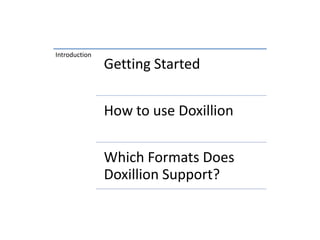 Introduction
               Getting Started

               How to use Doxillion

               Which Formats Does
               Doxillion Support?
 