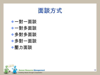 面談方式
一對一面談
一對多面談
多對多面談
多對一面談
壓力面談



               14
 