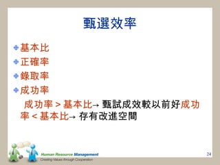 甄選效率
基本比
正確率
錄取率
成功率
成功率＞基本比→ 甄試成效較以前好成功
率＜基本比→ 存有改進空間


                      24
 