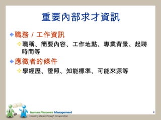 重要內部求才資訊
職務／工作資訊
職稱、簡要內容、工作地點、專業背景、起聘
 時間等
應徵者的條件
學經歷、證照、知能標準、可能來源等




                        4
 