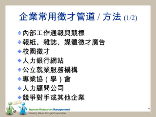 企業常用徵才管道 / 方法 (1/2)
內部工作通報與競標
報紙、雜誌、媒體徵才廣告
校園徵才
人力銀行網站
公立就業服務機構
專業協（學）會
人力顧問公司
競爭對手或其他企業
                      7
 