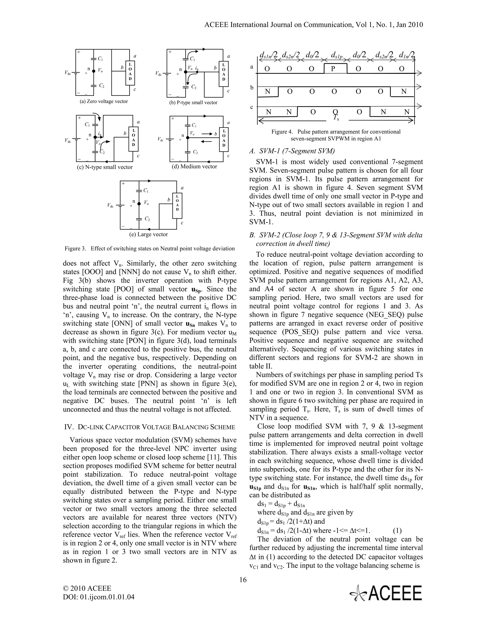 ACEEE International Journal on Communication, Vol 1, No. 1, Jan 2010


      +                                                       +
                  C1
                                          a
                                                                                   C1                a            ds1n/2 ds2n/2 d0/2          ds1p     d0/2     ds2n/2 d1n/2
                                      L                                                          L
              n   Vn          b       O                                   n       Vn in      b   O
                                                                                                              a    O         O        O       P         O        O        O
Vdc       +                           A                Vdc            +                          A
                                      D                                                          D
                   C2                                                              C2                         b
      _                                   c
          _                                                   _       _
                                                                                                     c             N         O        O        O        O        O            N
       (a) Zero voltage vector                                (b) P-type small vector
                                                                                                              c
                                                                                                                   N        N         O        O         O        N           N
      +                                                           +                                                                            Ts
          C1                                  a                                                      a
                                                                                   C1
                                          L                                                      L                     Figure 4. Pulse pattern arrangement for conventional
              n    in             b       O                                   n    Vn        b   O
Vdc       +                               A             Vdc               +                      A                             seven-segment SVPWM in region A1
                  Vn                      D                                                      D
                   C2                                                               C2                        A. SVM-1 (7-Segment SVM)
      _                                       c                   _                                  c
          _                                                               _
                                                                                                                SVM-1 is most widely used conventional 7-segment
      (c) N-type small vector                                     (d) Medium vector
                                                                                                              SVM. Seven-segment pulse pattern is chosen for all four
                                                                                                              regions in SVM-1. Its pulse pattern arrangement for
                              +
                                                  C1
                                                                          a                                   region A1 is shown in figure 4. Seven segment SVM
                                                              b
                                                                      L                                       divides dwell time of only one small vector in P-type and
                                          n       Vn                  O
                        Vdc           +                               A
                                                                      D
                                                                                                              N-type out of two small sectors available in region 1 and
                                                                                                              3. Thus, neutral point deviation is not minimized in
                                                  C2
                              _       _
                                                                          c                                   SVM-1.
                                      (e) Large vector                                                        B. SVM-2 (Close loop 7, 9 & 13-Segment SVM with delta
                                                                                                                 correction in dwell time)
Figure 3. Effect of switching states on Neutral point voltage deviation
                                                                                                                 To reduce neutral-point voltage deviation according to
does not affect Vn. Similarly, the other zero switching                                                       the location of region, pulse pattern arrangement is
states [OOO] and [NNN] do not cause Vn to shift either.                                                       optimized. Positive and negative sequences of modified
Fig 3(b) shows the inverter operation with P-type                                                             SVM pulse pattern arrangement for regions A1, A2, A3,
switching state [POO] of small vector uSp. Since the                                                          and A4 of sector A are shown in figure 5 for one
three-phase load is connected between the positive DC                                                         sampling period. Here, two small vectors are used for
bus and neutral point ‘n’, the neutral current in flows in                                                    neutral point voltage control for regions 1 and 3. As
‘n’, causing Vn to increase. On the contrary, the N-type                                                      shown in figure 7 negative sequence (NEG_SEQ) pulse
switching state [ONN] of small vector uSn makes Vn to                                                         patterns are arranged in exact reverse order of positive
decrease as shown in figure 3(c). For medium vector uM                                                        sequence (POS_SEQ) pulse pattern and vice versa.
with switching state [PON] in figure 3(d), load terminals                                                     Positive sequence and negative sequence are switched
a, b, and c are connected to the positive bus, the neutral                                                    alternatively. Sequencing of various switching states in
point, and the negative bus, respectively. Depending on                                                       different sectors and regions for SVM-2 are shown in
the inverter operating conditions, the neutral-point                                                          table II.
voltage Vn may rise or drop. Considering a large vector                                                          Numbers of switchings per phase in sampling period Ts
uL with switching state [PNN] as shown in figure 3(e),                                                        for modified SVM are one in region 2 or 4, two in region
the load terminals are connected between the positive and                                                     1 and one or two in region 3. In conventional SVM as
negative DC buses. The neutral point ‘n’ is left                                                              shown in figure 6 two switching per phase are required in
unconnected and thus the neutral voltage is not affected.                                                     sampling period Ts. Here, Ts is sum of dwell times of
                                                                                                              NTV in a sequence.
IV. DC-LINK CAPACITOR VOLTAGE BALANCING SCHEME                                                                   Close loop modified SVM with 7, 9 & 13-segment
                                                                                                              pulse pattern arrangements and delta correction in dwell
   Various space vector modulation (SVM) schemes have                                                         time is implemented for improved neutral point voltage
been proposed for the three-level NPC inverter using                                                          stabilization. There always exists a small-voltage vector
either open loop scheme or closed loop scheme [11]. This                                                      in each switching sequence, whose dwell time is divided
section proposes modified SVM scheme for better neutral                                                       into subperiods, one for its P-type and the other for its N-
point stabilization. To reduce neutral-point voltage                                                          type switching state. For instance, the dwell time ds1p for
deviation, the dwell time of a given small vector can be                                                      uS1p and dS1n for uS1n, which is half/half split normally,
equally distributed between the P-type and N-type                                                             can be distributed as
switching states over a sampling period. Either one small                                                        ds1 = dS1p + dS1n
vector or two small vectors among the three selected                                                             where dS1p and dS1n are given by
vectors are available for nearest three vectors (NTV)
                                                                                                                 dS1p = ds1 /2(1+Δt) and
selection according to the triangular regions in which the
                                                                                                                 dS1n = ds1 /2(1-Δt) where -1<= Δt<=1.         (1)
reference vector Vref lies. When the reference vector Vref
                                                                                                                 The deviation of the neutral point voltage can be
is in region 2 or 4, only one small vector is in NTV where
                                                                                                              further reduced by adjusting the incremental time interval
as in region 1 or 3 two small vectors are in NTV as
shown in figure 2.                                                                                            Δt in (1) according to the detected DC capacitor voltages
                                                                                                              vC1 and vC2. The input to the voltage balancing scheme is
                                                                                                         16
© 2010 ACEEE
DOI: 01.ijcom.01.01.04
 
