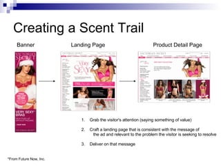 Creating a Scent Trail Banner Landing Page Product Detail Page Grab the visitor's attention (saying something of value) Craft a landing page that is consistent with the message of    the ad and relevant to the problem the visitor is seeking to resolve Deliver on that message *From Future Now, Inc. 