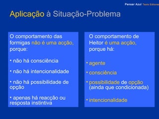 Aplicação   à Situação-Problema O comportamento das formigas   não é uma acção,  porque: não há consciência não há intencionalidade não há possibilidade de opção apenas há reacção ou resposta instintiva O comportamento de Heitor   é uma acção,  porque há: agente  consciência possibilidade  de   opção   (ainda que condicionada) intencionalidade 