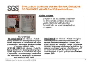 ÉVALUATION SANITAIRE DES MATÉRIAUX, ÉMISSIONS
DE COMPOSÉS VOLATILS A SGS Multilab Rouen
But des analyses.
L’objectif de cet essai est de caractériser
les émissions de composés organiques
volatils (COV) et d’aldéhydes (dont
formaldéhyde) par un vernis appliqué sur
un support.

RÉFÉRENCES
NF EN ISO 16000-9 : Air intérieur – Partie 9 :
Dosage de l’émission de composés organiques
volatils de produits de construction et d’objets
d’équipement – Méthode de la chambre d’essai
d’émission (AFNOR, 2006).
NF EN ISO 16000-11 : Air intérieur – Partie 11 :
Dosage de l’émission de composés organiques
volatils de produits de construction et d’objets
d’équipement – Echantillonnage, conservation
des échantillons et préparation d’échantillons
pour essais (AFNOR, 2006).
© SGS Multilab Rouen, Yvon Gervaise – conférence INSA 04/12/2013

NF ISO 16000-3 : Air intérieur – Partie 3 : Dosage du
formaldéhyde et d’autres composés carbonylés –
Méthode par échantillonnage actif (AFNOR, 2002).
NF ISO 16000-6 : Air intérieur – Partie 6 : Dosage des
composés organiques volatils dans l’air intérieur des
locaux et enceintes d’essai par échantillonnage actif
sur le sorbant Tenax TA, désorption thermique et
chromatographie en phase gazeuse utilisant MS/FID
(AFNOR, 2005).

74

 