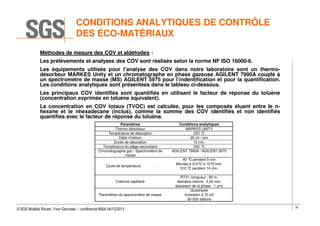 CONDITIONS ANALYTIQUES DE CONTRÔLE
DES ÉCO-MATÉRIAUX
Méthodes de mesure des COV et aldéhydes :
Les prélèvements et analyses des COV sont réalisés selon la norme NF ISO 16000-6.
Les équipements utilisés pour l’analyse des COV dans notre laboratoire sont un thermodésorbeur MARKES Unity et un chromatographe en phase gazeuse AGILENT 7990A couplé à
un spectromètre de masse (MS) AGILENT 5975 pour l’indentification et pour la quantification.
Les conditions analytiques sont présentées dans le tableau ci-dessous.
Les principaux COV identifiés sont quantifiés en utilisant le facteur de réponse du toluène
(concentration exprimée en toluène équivalent).
La concentration en COV totaux (TVOC) est calculée, pour les composés éluant entre le nhexane et le nhexadecane (inclus), comme la somme des COV identifiés et non identifiés
quantifiés avec le facteur de réponse du toluène.
Paramètres
Thermo désorbeur
Température de désorption
Débit d’hélium
Durée de désorption
Température du piège secondaire
Chromatographe gaz / Spectromètre de
masse
Cycle de température

.

Colonne capillaire
Paramètres du spectromètre de masse

© SGS Multilab Rouen, Yvon Gervaise – conférence INSA 04/12/2013

Conditions analytiques
MARKES UNITY
250 °
C
25 ml / min
15 min.
300 °
C
AGILENT 7990A / AGILENT 5975
40 ° pendant 5 min
C
Montée à 310° à 10°
C
C/min.
310 ° pendant 14 min.
C
RTX1 (longueur : 60 m,
diamètre interne : 0.25 mm,
épaisseur de la phase : 1 µm)
Quadripole
Ionisation à 70 eV
30-500 daltons
76

 