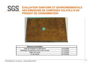 ÉVALUATION SANITAIRE ET ENVIRONNEMENTALE
DES ÉMISSIONS DE COMPOSÉS VOLATILS D’UN
PRODUIT DE CONSOMMATION

Référence échantillon
Date de réception au laboratoire
Déballage et préparation éprouvette d’essai
Début de l’essai
Fin de l’essai

© SGS Multilab Rouen, Yvon Gervaise – conférence INSA 04/12/2013

19/10/2009
27/10/2009
27/10/2009
30/10/2009

77

 