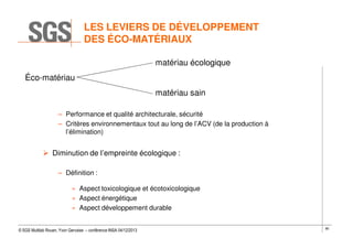 LES LEVIERS DE DÉVELOPPEMENT
DES ÉCO-MATÉRIAUX
matériau écologique
Éco-matériau
matériau sain
– Performance et qualité architecturale, sécurité
– Critères environnementaux tout au long de l’ACV (de la production à
l’élimination)

Diminution de l’empreinte écologique :
– Définition :
» Aspect toxicologique et écotoxicologique
» Aspect énergétique
» Aspect développement durable

© SGS Multilab Rouen, Yvon Gervaise – conférence INSA 04/12/2013

80

 