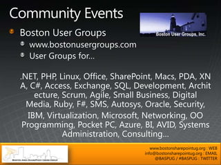 www.bostonsharepointug.org : WEB
info@bostonsharepointug.org : EMAIL
     @BASPUG / #BASPUG : TWITTER
 
