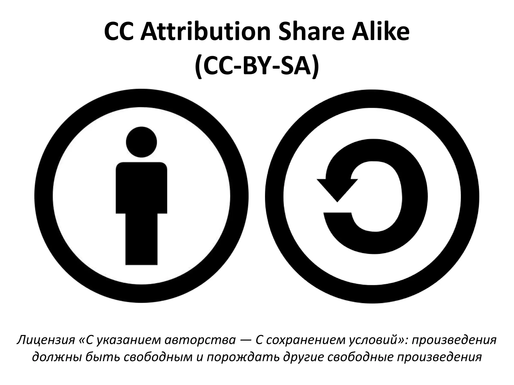 CC Attribution Share Alike
                    (CC-BY-SA)




Лицензия «С указанием авторства — С сохранением условий»: произведения
  должны быть свободным и порождать другие свободные произведения
 