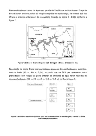 Foram coletadas amostras de água com garrafa de Van Dorn e sedimento com Draga de
Birke-Eckman em dois pontos ao longo da represa de Itupararanga, na entrada dos rios
(Trans) e próximo à Barragem do reservatório (Estação de coleta 3 - EC3), conforme a
figura 2.




            Figura 1: Estações de amostragem: EC3- Barragem e Trans - Entrada dos rios.


Na estação de coleta Trans foram amostradas águas de três profundidades, superfície,
meio e fundo (0,0 m; 4,0 m; 8,0m), enquanto que na EC3, por apresentar maior
profundidade com relação ao ponto anterior, as amostras de água foram retiradas de
cinco profundidades (0,0 m; 2,0 m; 4,0 m; 10,0 m; 15,5 m), conforme figura 3.




  Figura 2: Esquema de amostragem de água nas duas estações de amostragem, Trans e EC3 nas
                                  diferentes profundidades.
 