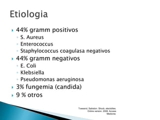  44% gramm positivos
◦ S. Aureus
◦ Enterococcus
◦ Staphylococcus coagulasa negativos
 44% gramm negativos
◦ E. Coli
◦ Klebsiella
◦ Pseudomonas aeruginosa
 3% fungemia (candida)
 9 % otros
Towsend, Sabiston. Shock, electolites.
Online version. 2008. Access
Medicine.
 