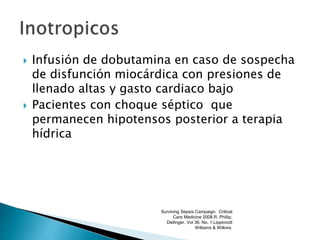  Infusión de dobutamina en caso de sospecha
de disfunción miocárdica con presiones de
llenado altas y gasto cardiaco bajo
 Pacientes con choque séptico que
permanecen hipotensos posterior a terapia
hídrica
Surviving Sepsis Campaign. Critical
Care Medicine 2008.R. Phillip.
Dellinger. Vol 36. No. 1.Lippincott
Williams & Wilkins.
 