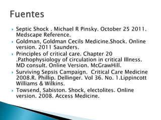  Septic Shock . Michael R Pinsky. October 25 2011.
Medscape Reference.
 Goldman, Goldman Cecils Medicine.Shock. Online
version. 2011 Saunders.
 Principles of critical care. Chapter 20
.Pathophysiology of circulation in critical Illness.
MD consult. Online Version. McGrawHill.
 Surviving Sepsis Campaign. Critical Care Medicine
2008.R. Phillip. Dellinger. Vol 36. No. 1.Lippincott
Williams & Wilkins.
 Towsend, Sabiston. Shock, electolites. Online
version. 2008. Access Medicine.
 