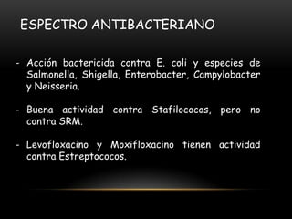 ESPECTRO ANTIBACTERIANO
- Acción bactericida contra E. coli y especies de
Salmonella, Shigella, Enterobacter, Campylobacter
y Neisseria.
- Buena actividad contra Stafilococos, pero no
contra SRM.
- Levofloxacino y Moxifloxacino tienen actividad
contra Estreptococos.
 
