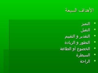 ‫السبعة‬ ‫الهداف‬‫السبعة‬ ‫الهداف‬
‫التميز‬‫التميز‬
‫التقبل‬‫التقبل‬
‫التقييم‬ ‫و‬ ‫التقدير‬‫التقييم‬ ‫و‬ ‫التقدير‬
‫الزيادة‬ ‫و‬ ‫التطور‬‫الزيادة‬ ‫و‬ ‫التطور‬
‫الطاعة‬ ‫أو‬ ‫الخضوع‬‫الطاعة‬ ‫أو‬ ‫الخضوع‬
‫السيطرة‬‫السيطرة‬
‫الراحة‬‫الراحة‬
 