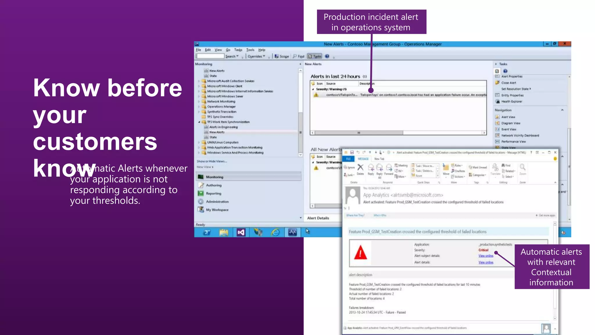 Production incident alert
in operations system

•

Automatic Alerts whenever
your application is not
responding according to
your thresholds.

Automatic alerts
with relevant
Contextual
information

 