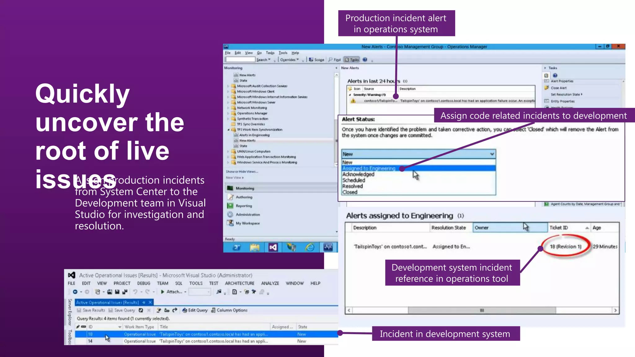 Production incident alert
in operations system

Assign code related incidents to development

•

Assign production incidents
from System Center to the
Development team in Visual
Studio for investigation and
resolution.

Development system incident
reference in operations tool

Incident in development system

 