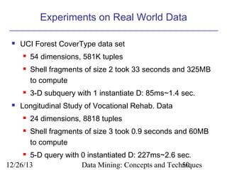 Experiments on Real World Data


UCI Forest CoverType data set







54 dimensions, 581K tuples
Shell fragments of size 2 took 33 seconds and 325MB
to compute
3-D subquery with 1 instantiate D: 85ms~1.4 sec.

Longitudinal Study of Vocational Rehab. Data



24 dimensions, 8818 tuples
Shell fragments of size 3 took 0.9 seconds and 60MB
to compute

5-D query with 0 instantiated D: 227ms~2.6 sec.
12/26/13
Data Mining: Concepts and Techniques
50


 