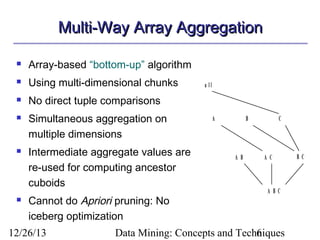 Multi-Way Array Aggregation


Array-based “bottom-up” algorithm



Using multi-dimensional chunks



No direct tuple comparisons







Simultaneous aggregation on
multiple dimensions
Intermediate aggregate values are
re-used for computing ancestor
cuboids
Cannot do Apriori pruning: No
iceberg optimization

12/26/13

a ll

A

B

A B

C

A C

A BC

Data Mining: Concepts and Techniques
6

BC

 