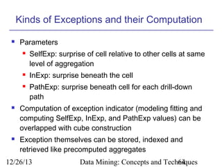 Kinds of Exceptions and their Computation


Parameters









SelfExp: surprise of cell relative to other cells at same
level of aggregation
InExp: surprise beneath the cell
PathExp: surprise beneath cell for each drill-down
path

Computation of exception indicator (modeling fitting and
computing SelfExp, InExp, and PathExp values) can be
overlapped with cube construction
Exception themselves can be stored, indexed and
retrieved like precomputed aggregates

12/26/13

Data Mining: Concepts and Techniques
64

 