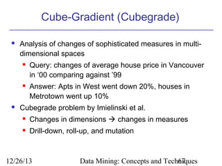 Cube-Gradient (Cubegrade)


Analysis of changes of sophisticated measures in multidimensional spaces






Query: changes of average house price in Vancouver
in ‘00 comparing against ’99
Answer: Apts in West went down 20%, houses in
Metrotown went up 10%

Cubegrade problem by Imielinski et al.


Changes in dimensions  changes in measures



Drill-down, roll-up, and mutation

12/26/13

Data Mining: Concepts and Techniques
67

 