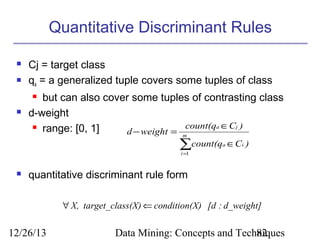 Quantitative Discriminant Rules



Cj = target class
qa = a generalized tuple covers some tuples of class
but can also cover some tuples of contrasting class
d-weight
count(qa ∈Cj )
 range: [0, 1]
d − weight =




m

∑count(q

a

∈Ci )

i =1



quantitative discriminant rule form
∀ X, target_class(X) ⇐ condition(X) [d : d_weight]

12/26/13

Data Mining: Concepts and Techniques
82

 