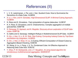 References (II)


















L. V. S. Lakshmanan, J. Pei, and J. Han, Quotient Cube: How to Summarize the
Semantics of a Data Cube, VLDB'02
X. Li, J. Han, and H. Gonzalez, High-Dimensional OLAP: A Minimal Cubing Approach,
VLDB'04
K. Ross and D. Srivastava. Fast computation of sparse datacubes. VLDB’97
K. A. Ross, D. Srivastava, and D. Chatziantoniou. Complex aggregation at multiple
granularities. EDBT'98
S. Sarawagi, R. Agrawal, and N. Megiddo. Discovery-driven exploration of OLAP data
cubes. EDBT'98
G. Sathe and S. Sarawagi. Intelligent Rollups in Multidimensional OLAP Data. VLDB'01
D. Xin, J. Han, X. Li, B. W. Wah, Star-Cubing: Computing Iceberg Cubes by Top-Down
and Bottom-Up Integration, VLDB'03
D. Xin, J. Han, Z. Shao, H. Liu, C-Cubing: Efficient Computation of Closed Cubes by
Aggregation-Based Checking, ICDE'06
W. Wang, H. Lu, J. Feng, J. X. Yu, Condensed Cube: An Effective Approach to
Reducing Data Cube Size. ICDE’02
Y. Zhao, P. M. Deshpande, and J. F. Naughton. An array-based algorithm for
simultaneous multidimensional aggregates. SIGMOD’97

12/26/13

Data Mining: Concepts and Techniques
88

 