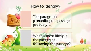 How to identify?
The paragraph
preceding the passage
probably …

What is most likely in
the paragraph
following the passage?

 