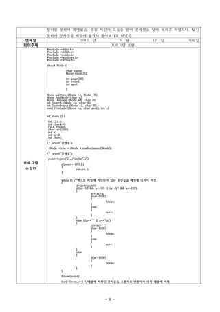찾지를 못하여 헤매었음. 주위 지인의 도움을 받아 문제점을 찾아 보려고 하였으나, 찾지
       못하여 문자열을 배열에 옮겨서 풀어보기로 하였음.
 넷째날             2012 년      5 월                                   17    일   목요일
회의주제                       프로그램 보완
       #include   <stdio.h>
       #include   <stdlib.h>
       #include   <conio.h>
       #include   <windows.h>
       #include   <string.h>
       struct Node {
                       char name;
                       Node *link[26];
                       int page[26];
                       int count;
                       int spot;
                       };
       Node addtree (Node *A, Node *B);
       Node AddNode (char A);
       Node Delnode (Node *A, char B);
       int Search (Node *A, char B);
       int Searchspot (Node *A, char B);
       void Printans (Node *A, char ans[], int x);

       int main () {
        int i,j,x,z;
        int check=0;
        FILE *point;
        char arr[100];
        int a;
        int m=0;
        int Sizec;
       // printf("진행중");
         Node *tree = (Node *)malloc(sizeof(Node));
       // printf("진행중");
        point=fopen("D://file.txt","r");
프로그램              if(point==NULL)
                  {
수정안                          return 1;
                  }

                  while(1) //텍스트 파일에 저장되어 있는 문장들을 배열에 넣어서 저장.
                  {
                             a=fgetc(point);
                             if((a>=65 && a<=90) || (a>=97 && a<=122))
                             {
                                        arr[m]=a;
                                        if(a==EOF)
                                        {
                                                   break;
                                        }
                                        else
                                        {
                                                   m++;
                                        }
                             }
                             else if(a==' ' || a=='n')
                             {
                                        arr[m]=' ';
                                        if(a==EOF)
                                        {
                                                   break;
                                        }
                                        else
                                        {
                                                   m++;
                                        }
                             }
                             else
                             {
                                        if(a==EOF)
                                        {
                                                   break;
                                        }
                             }
                  }
                  fclose(point);
                  for(i=0;i<m;i++) //배열에 저장된 문자들을 소문자로 변환하여 다시 배열에 저장.




                                               - 8 -
 