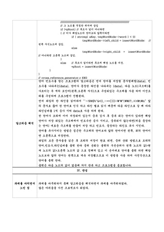 //////////////////////////////////////////////////////////////////////////
                          // 그 노드를 적절한 위치에 삽입
                          if (*pRoot) // 루트가 널이 아니라면
                          { // 키가 해당노드의 단어보다 앞쪽이라면
                                 if ( strcmp( aKey, tmpWordNode->word ) < 0)
                                          tmpWordNode->left_child = insertWordNode;                            //
           왼쪽 자식노드에 삽입.
                                     else
                                                 tmpWordNode->right_child                    =    insertWordNode;
           // 아니라면 오른쪽 노드에 삽입.
                      }
                      else  // 루트가 널이라면 루트에 해당 노드를 저장.
                                     *pRoot = insertWordNode;
                  }
           }
           // cross_reference_generator.c END
           단어 빈도수를 찾는 프로그램의 알고리즘은 먼저 단어를 저장할 문자열배열(data), 빈
           도수를 나타내는(data), 단어가 등장한 라인을 나타내는 (data), 다음 노드(구조체)를
           가르키는 두 개의 포인터(왼쪽,오른쪽 자식)으로 구성되있는 구조체를 사용 하여 이진트
           리를 구성하며 프로그램이 진행된다.
           먼저 파일의 한 라인을 읽어와서 “`~!@#$%^&*()_-=+[]{};:'"|/?,.<>tn” 앞
           의 문자로 끊어 한 단어로 인식 하고 라인 별로 읽기 때문에 다음 라인으로 갈 때 마다
           라인넘버를 1씩 증가 시켜 data로 사용 하게 된다.
           한 단어가 트리에 이미 저장되어 있는지 중복 검사 후 중복 되는 단어가 있다면 해당
           단어가 저장 되있는 구조체에서 빈도수만 증가 시키고, 중복되지 않는다면(처음 등장하
알고리즘 해석
           는 단어) 새로운 구조체를 만들어 저장 하고 빈도수, 등장하는 라인도 추가 시킨다.
           단어를 추가시키는 방법은 접근한 구조체의 단어보다 앞의 단어이면 왼쪽, 뒤의 단어이
           면 오른쪽으로 저장한다.
           파일의 모든 문자들을 읽은 후 트리의 저장이 완료 되면, 중위 순회 방법으로 트리의
           단어,빈도수,라인넘버를 출력 한다 중위 순회는 출력의 우선순위가 왼쪽 노드의 값>현
           재 노드의 값>오른쪽 노드의 값 으로 정해져 있고 이 순서대로 단어를 출력 하면 해당
           노드보다 앞의 단어는 왼쪽으로 게속 저장했으므로 이 방법을 사용 하여 사전식순으로
           단어를 출력 한다.
           출력은 다음 노드의 값이 없을때 까지 반복 하고 프로그램을 종료합니다.
                                           Ⅳ. 반성



과제를 마치면서   과제를 마무리하지 못해 알고리즘을 해석하면서 과제를 마무리하였다.
  느낀 점     많은 아쉬움을 가진 프로젝트가 되었다.
 