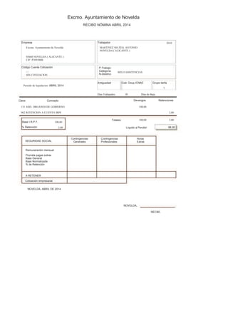 Excmo. Ayuntamiento de Novelda
RECIBO NÓMINA ABRIL 2014
Empresa
Excmo. Ayuntamiento de Novelda
03660 NOVELDA ( ALICANTE )
CIF: P309300B
Código Cuenta Cotización
/ /
SIN COTIZACION
Periodo de liquidacion: ABRIL 2014
Trabajador 2010
MARTINEZ MATEO, ANTONIO
NOVELDA ( ALICANTE )
P.Trabajo:
Categoria:
N.Destino:
Antiguedad
SOLO ASISTENCIAS
Cod. Ocup./CNAE Grupo tarifa
1
Días Trabajados:
Clave Concepto
30 Días de Baja:
Devengos
100,00
2,00
Retenciones
131 ASIS. ORGANOS DE GOBIERNO
962 RETENCION A CUENTA IRPF
Base I.R.P.F.
% Retención
100,00
2,00
Totales: 100,00
Liquido a Percibir:
2,00
98,00
SEGURIDAD SOCIAL
Remuneración mensual
Prorrata pagas extras
Base General
Base Normalizada
% de Retención
A RETENER
Cotización empresarial
NOVELDA, ABRIL DE 2014
Contingencias
Generales
Contingencias
Profesionales
Horas
Extras
NOVELDA,
RECIBÍ,
 