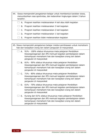 hal. 16/62
PERANGKAT AKREDITASI SMK/MAK – © 2014 BAN-S/M
44. Siswa memperoleh pengalaman belajar untuk membentuk karakter siswa,
menumbuhkan rasa sportivitas, dan kebersihan lingkungan dalam 3 tahun
terakhir.
 A. Program keahlian melaksanakan 4 kali atau lebih kegiatan
 B. Program keahlian melaksanakan 3 kali kegiatan
 C. Program keahlian melaksanakan 2 kali kegiatan
 D. Program keahlian melaksanakan 1 kali kegiatan
 E. Program keahlian tidak melaksanakan kegiatan
45. Siswa memperoleh pengalaman belajar melalui pembiasaan untuk memahami
hak dan kewajiban orang lain dalam pergaulan di masyarakat.
 A. 91% - 100% silabus khususnya mata pelajaran Pendidikan
Kewarganegaraan dan IPS memuat kegiatan pembelajaran dalam
kemampuan memahami hak dan kewajiban orang lain dalam
pergaulan di masyarakat
 B. 81% - 90% silabus khususnya mata pelajaran Pendidikan
Kewarganegaraan dan IPS memuat kegiatan pembelajaran dalam
kemampuan memahami hak dan kewajiban orang lain dalam
pergaulan di masyarakat
 C. 71% - 80% silabus khususnya mata pelajaran Pendidikan
Kewarganegaraan dan IPS memuat kegiatan pembelajaran dalam
kemampuan memahami hak dan kewajiban orang lain dalam
pergaulan di masyarakat
 D. 61% - 70% silabus khususnya mata pelajaran Pendidikan
Kewarganegaraan dan IPS memuat kegiatan pembelajaran dalam
kemampuan memahami hak dan kewajiban orang lain dalam
pergaulan di masyarakat
 E. Kurang dari 61% silabus khususnya mata pelajaran Pendidikan
Kewarganegaraan dan IPS memuat kegiatan pembelajaran dalam
kemampuan memahami hak dan kewajiban orang lain dalam
pergaulan di masyarakat
 