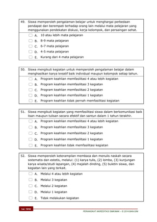 hal. 18/62
PERANGKAT AKREDITASI SMK/MAK – © 2014 BAN-S/M
49. Siswa memperoleh pengalaman belajar untuk menghargai perbedaan
pendapat dan berempati terhadap orang lain melalui mata pelajaran yang
menggunakan pendekatan diskusi, kerja kelompok, dan persaingan sehat.
 A. 10 atau lebih mata pelajaran
 B. 8-9 mata pelajaran
 C. 6-7 mata pelajaran
 D. 4-5 mata pelajaran
 E. Kurang dari 4 mata pelajaran
50. Siswa mengikuti kegiatan untuk memperoleh pengalaman belajar dalam
menghasilkan karya kreatif baik individual maupun kelompok setiap tahun.
 A. Program keahlian memfasilitasi 4 atau lebih kegiatan
 B. Program keahlian memfasilitasi 3 kegiatan
 C. Program keahlian memfasilitasi 2 kegiatan
 D. Program keahlian memfasilitasi 1 kegiatan
 E. Program keahlian tidak pernah memfasilitasi kegiatan
51. Siswa mengikuti kegiatan yang memfasilitasi siswa dalam berkomunikasi baik
lisan maupun tulisan secara efektif dan santun dalam 1 tahun terakhir.
 A. Program keahlian memfasilitasi 4 atau lebih kegiatan
 B. Program keahlian memfasilitasi 3 kegiatan
 C. Program keahlian memfasilitasi 2 kegiatan
 D. Program keahlian memfasilitasi 1 kegiatan
 E. Program keahlian tidak memfasilitasi kegiatan
52. Siswa memperoleh keterampilan membaca dan menulis naskah secara
sistematis dan estetis, melalui: (1) karya tulis, (2) lomba, (3) kunjungan
karya wisata/studi lapangan, (4) majalah dinding, (5) buletin siswa, dan
kegiatan lain yang terkait.
 A. Melalui 4 atau lebih kegiatan
 B. Melalui 3 kegiatan
 C. Melalui 2 kegiatan
 D. Melalui 1 kegiatan
 E. Tidak melakukan kegiatan
 