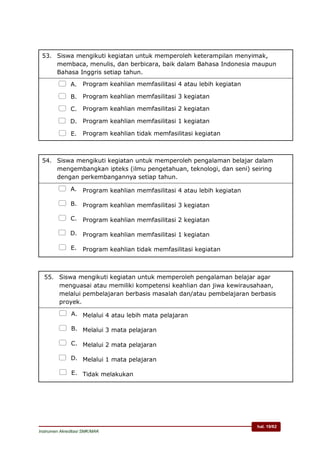 hal. 19/62
Instrumen Akreditasi SMK/MAK
53. Siswa mengikuti kegiatan untuk memperoleh keterampilan menyimak,
membaca, menulis, dan berbicara, baik dalam Bahasa Indonesia maupun
Bahasa Inggris setiap tahun.
 A. Program keahlian memfasilitasi 4 atau lebih kegiatan
 B. Program keahlian memfasilitasi 3 kegiatan
 C. Program keahlian memfasilitasi 2 kegiatan
 D. Program keahlian memfasilitasi 1 kegiatan
 E. Program keahlian tidak memfasilitasi kegiatan
54. Siswa mengikuti kegiatan untuk memperoleh pengalaman belajar dalam
mengembangkan ipteks (ilmu pengetahuan, teknologi, dan seni) seiring
dengan perkembangannya setiap tahun.
 A. Program keahlian memfasilitasi 4 atau lebih kegiatan
 B. Program keahlian memfasilitasi 3 kegiatan
 C. Program keahlian memfasilitasi 2 kegiatan
 D. Program keahlian memfasilitasi 1 kegiatan
 E. Program keahlian tidak memfasilitasi kegiatan
55. Siswa mengikuti kegiatan untuk memperoleh pengalaman belajar agar
menguasai atau memiliki kompetensi keahlian dan jiwa kewirausahaan,
melalui pembelajaran berbasis masalah dan/atau pembelajaran berbasis
proyek.
 A. Melalui 4 atau lebih mata pelajaran
 B. Melalui 3 mata pelajaran
 C. Melalui 2 mata pelajaran
 D. Melalui 1 mata pelajaran
 E. Tidak melakukan
 