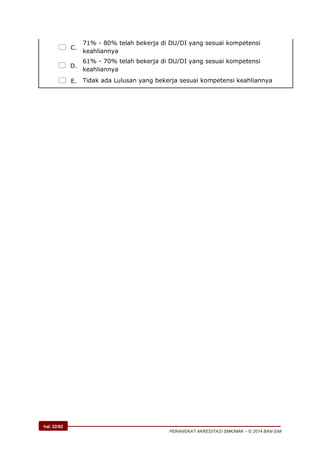 hal. 22/62
PERANGKAT AKREDITASI SMK/MAK – © 2014 BAN-S/M
 C.
71% - 80% telah bekerja di DU/DI yang sesuai kompetensi
keahliannya
 D.
61% - 70% telah bekerja di DU/DI yang sesuai kompetensi
keahliannya
 E. Tidak ada Lulusan yang bekerja sesuai kompetensi keahliannya
 