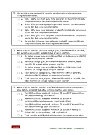 hal. 26/62
PERANGKAT AKREDITASI SMK/MAK – © 2014 BAN-S/M
72. Guru mata pelajaran produktif memiliki satu kompetensi utama dan dua
kompetensi tambahan.
 A. 96% - 100% atau lebih guru mata pelajaran produktif memiliki satu
kompetensi utama dan dua kompetensi tambahan
 B. 91% - 96% guru mata pelajaran produktif memiliki satu kompetensi
utama dan dua kompetensi tambahan
 C. 86% - 90% guru mata pelajaran produktif memiliki satu kompetensi
utama dan dua kompetensi tambahan
 D. 81% - 85% guru mata pelajaran produktif memiliki satu kompetensi
utama dan dua kompetensi tambahan
 E. Kurang dari 81% guru mata pelajaran produktif yang memiliki satu
kompetensi utama dan dua kompetensi tambahan
73. Ketua program keahlian berstatus sebagai guru, memiliki sertifikat pendidik,
dan Surat Keputusan (SK) sebagai ketua program keahlian.
 A. Berstatus sebagai guru, memiliki sertifikat pendidik, dan memiliki SK
sebagai ketua program keahlian
 B. Berstatus sebagai guru, tidak memiliki sertifikat pendidik, tetapi
memiliki SK sebagai ketua program keahlian
 C. Berstatus sebagai guru, memiliki sertifikat pendidik, tetapi tidak
memiliki SK sebagai ketua program keahlian
 D. Tidak berstatus sebagai guru, tidak memiliki sertifikat pendidik,
tetapi memiliki SK sebagai ketua program keahlian
 E. Tidak berstatus sebagai guru, tidak memiliki sertifikat pendidik, dan
tidak memiliki SK sebagai ketua program keahlian
74. Ketua program keahlian memiliki kualifikasi akademik minimum sarjana (S1)
atau diploma empat (D-IV), atau sertifikat keahlian yang setara
 A.
Memiliki kualifikasi akademik minimum S1 atau D-IV kependidikan
dari perguruan tinggi terakreditasi
 B.
Memiliki kualifikasi akademik minimum S1 atau D-IV
nonkependidikan dari perguruan tinggi terakreditasi
 C.
Memiliki kualifikasi akademik minimum S1 atau D-IV kependidikan
dari perguruan tinggi tidak terakreditasi
 D.
Memiliki kualifikasi akademik minimum S1 atau D-IV nonkepen-
didikan dari perguruan tinggi tidak terakreditasi
 E. Tidak memiliki kualifikasi akademik minimum yang dipersyaratkan
 