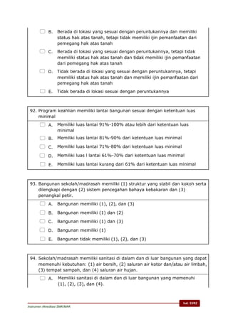 hal. 33/62
Instrumen Akreditasi SMK/MAK
 B. Berada di lokasi yang sesuai dengan peruntukannya dan memiliki
status hak atas tanah, tetapi tidak memiliki ijin pemanfaatan dari
pemegang hak atas tanah
 C. Berada di lokasi yang sesuai dengan peruntukannya, tetapi tidak
memiliki status hak atas tanah dan tidak memiliki ijin pemanfaatan
dari pemegang hak atas tanah
 D. Tidak berada di lokasi yang sesuai dengan peruntukannya, tetapi
memiliki status hak atas tanah dan memiliki ijin pemanfaatan dari
pemegang hak atas tanah
 E. Tidak berada di lokasi sesuai dengan peruntukannya
92. Program keahlian memiliki lantai bangunan sesuai dengan ketentuan luas
minimal
 A. Memiliki luas lantai 91%-100% atau lebih dari ketentuan luas
minimal
 B. Memiliki luas lantai 81%-90% dari ketentuan luas minimal
 C. Memiliki luas lantai 71%-80% dari ketentuan luas minimal
 D. Memiliki luas l lantai 61%-70% dari ketentuan luas minimal
 E. Memiliki luas lantai kurang dari 61% dari ketentuan luas minimal
93. Bangunan sekolah/madrasah memiliki (1) struktur yang stabil dan kokoh serta
dilengkapi dengan (2) sistem pencegahan bahaya kebakaran dan (3)
penangkal petir.
 A. Bangunan memiliki (1), (2), dan (3)
 B. Bangunan memiliki (1) dan (2)
 C. Bangunan memiliki (1) dan (3)
 D. Bangunan memiliki (1)
 E. Bangunan tidak memiliki (1), (2), dan (3)
94. Sekolah/madrasah memiliki sanitasi di dalam dan di luar bangunan yang dapat
memenuhi kebutuhan: (1) air bersih, (2) saluran air kotor dan/atau air limbah,
(3) tempat sampah, dan (4) saluran air hujan.
 A. Memiliki sanitasi di dalam dan di luar bangunan yang memenuhi
(1), (2), (3), dan (4).
 